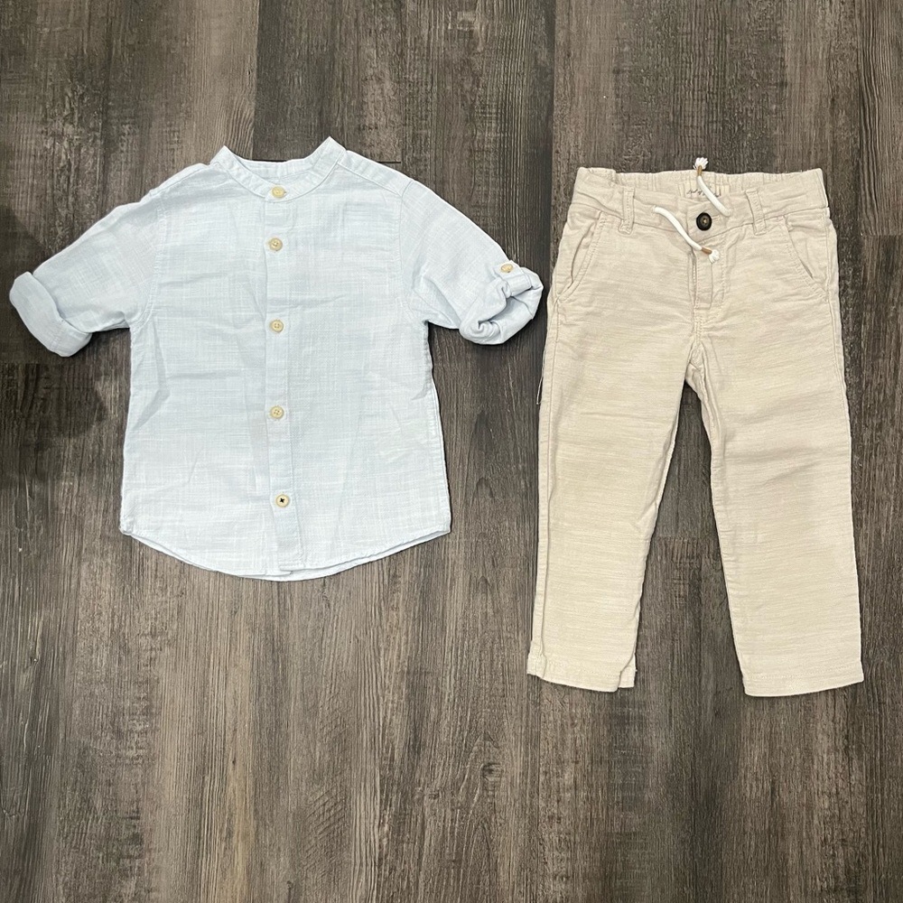 Zara Light Blue Shirt and Beige Pants Kids Matching Set